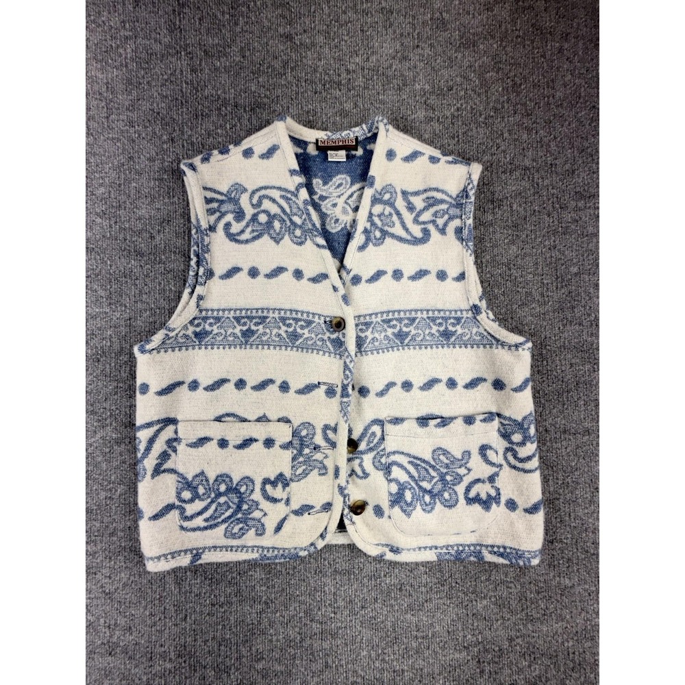 Memphis Sweater Vest Mens Medium White Blue Floral Knit‎ Button Pockets Casual
